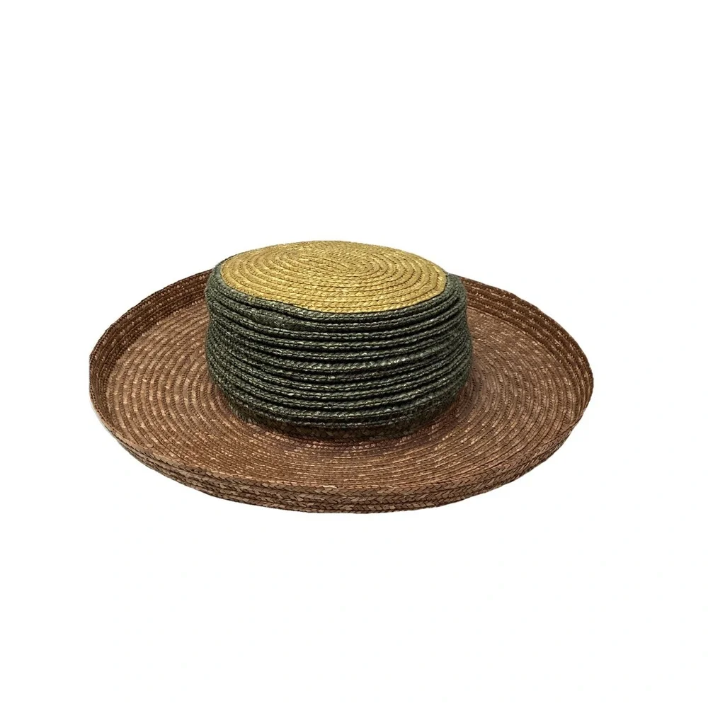 Vintage Boater Tri-color Green Natural And Rusty Brown Straw Hat Vinacci